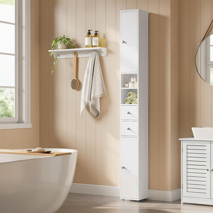 1pièce Armoire de salle de bain, Armoire de salle de bain étroite et haute avec tiroirs, Compartiments de meubles de salle de bain, Étagères ajustables, Portes, Blanc, MDF, 20 x 180 x 20 cm