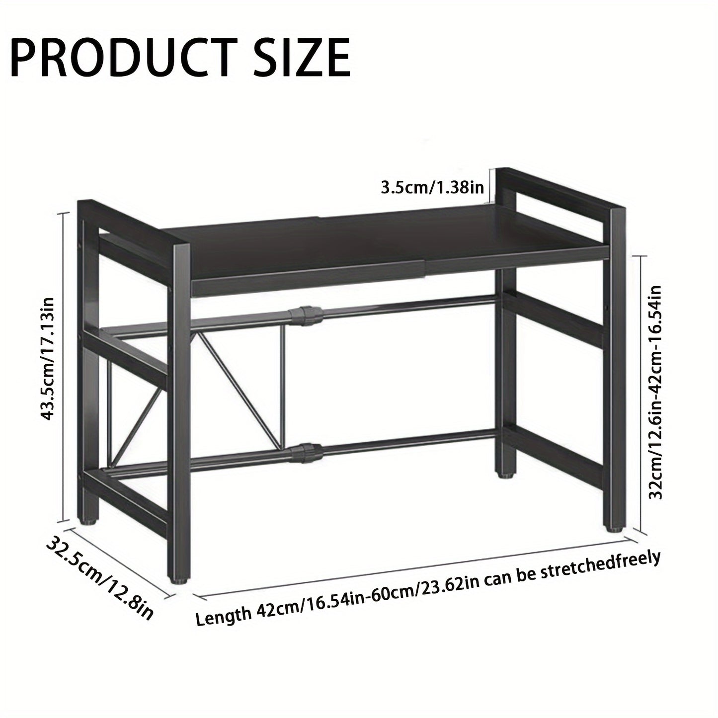 Étagère Micro-ondes Extensible 2 Niveaux avec 5 Crochets, Support Planche à Découper et 3 Serviettes, Rangement de Cuisine, Étagère pour Plans de Travail, Extensible 40-64 cm (Noir, Blanc)