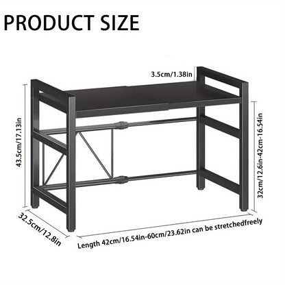 Étagère Micro-ondes Extensible 2 Niveaux avec 5 Crochets, Support Planche à Découper et 3 Serviettes, Rangement de Cuisine, Étagère pour Plans de Travail, Extensible 40-64 cm (Noir, Blanc)