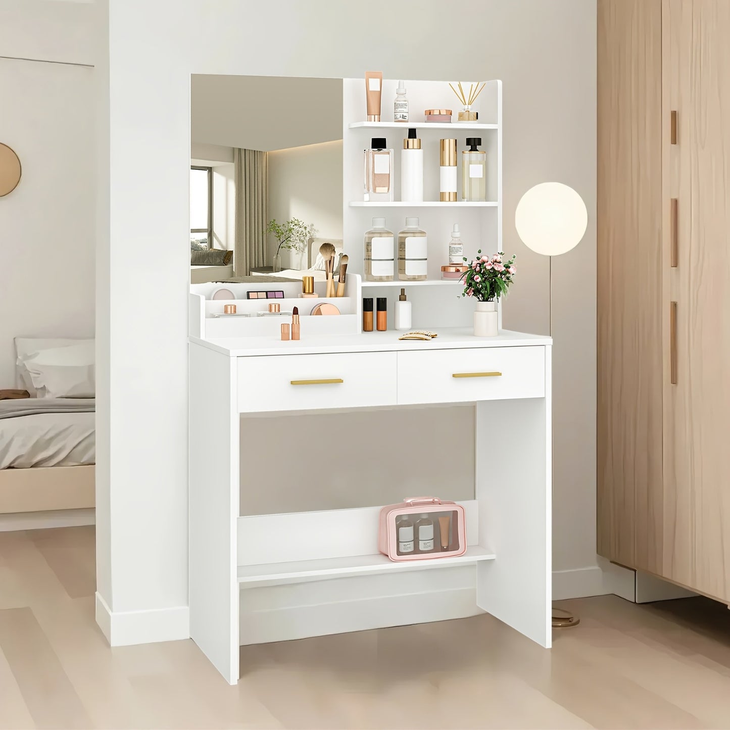 Bureau à vanité avec miroir, un meuble avec quatre étagères ouvertes et deux compartiments, ainsi que deux tiroirs, idéal pour la chambre ou le salon, couleur blanc