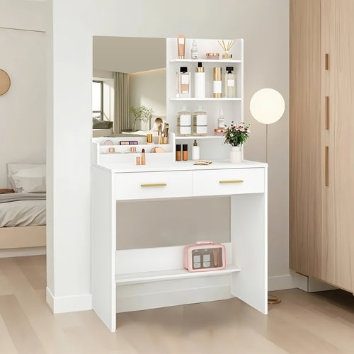 Bureau à vanité avec miroir, un meuble avec quatre étagères ouvertes et deux compartiments, ainsi que deux tiroirs, idéal pour la chambre ou le salon, couleur blanc