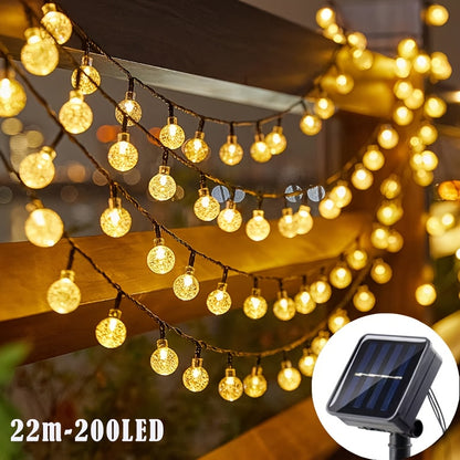 Guirlande Lumineuse Solaire Boule de Cristal 22M/12M 200 LED, 200LED/100LED Extérieur IP65, Lampe Solaire Extérieure, 8 Modes d'Éclairage, Lampe de Jardin Solaire, pour Jardin Patio Porche Décoration de Fête de Mariage Blanc Chaud