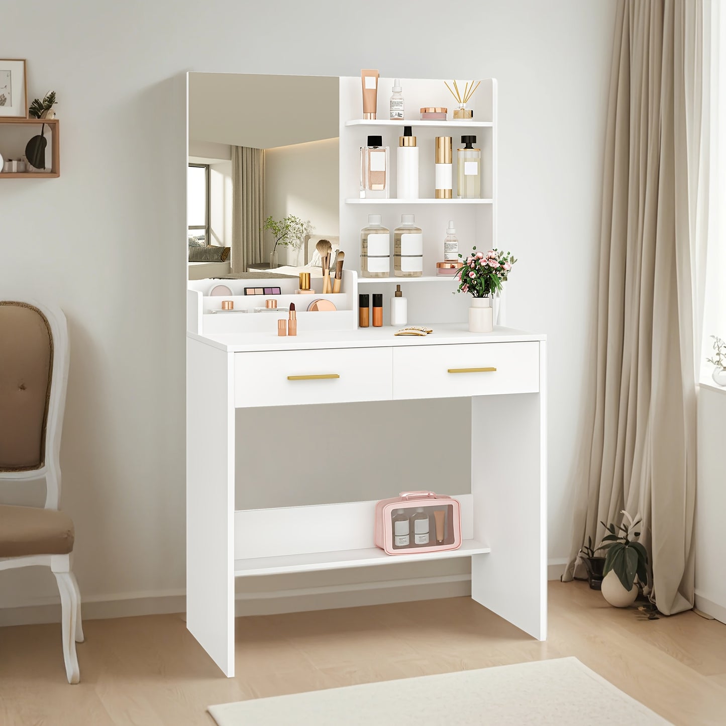 Table à toilette avec miroir, unité de toilette avec 4 étagères ouvertes et 2 compartiments, table à toilette avec 2 tiroirs, pour chambre à coucher, salon, ne comprend pas le tabouret