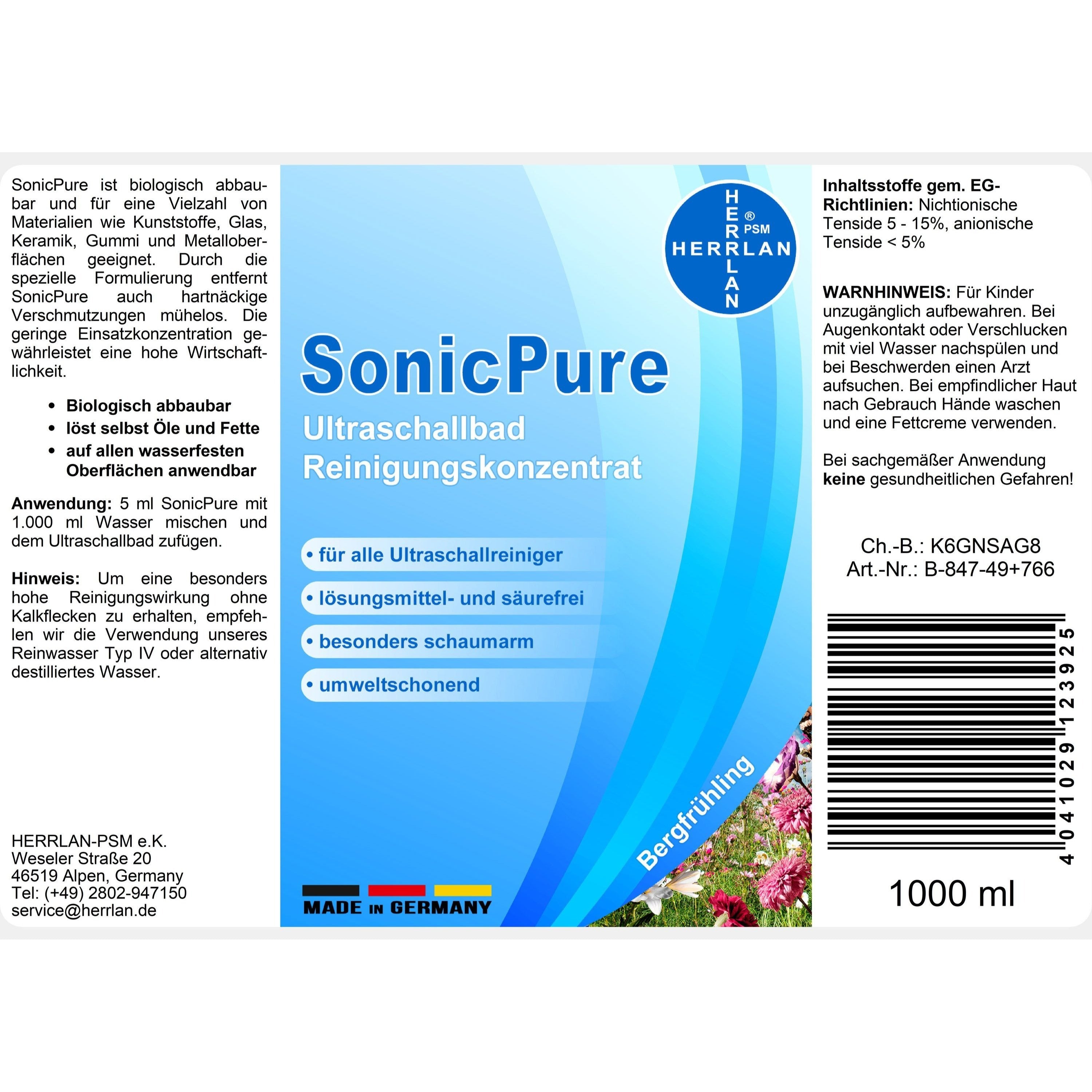 HERRLAN® SonicPure Concentré de Nettoyage Ultrasonique 1000 ml - Concentré Liquide pour Nettoyeurs Ultrasoniques et Étuis à Lunettes - Fabriqué en Allemagne