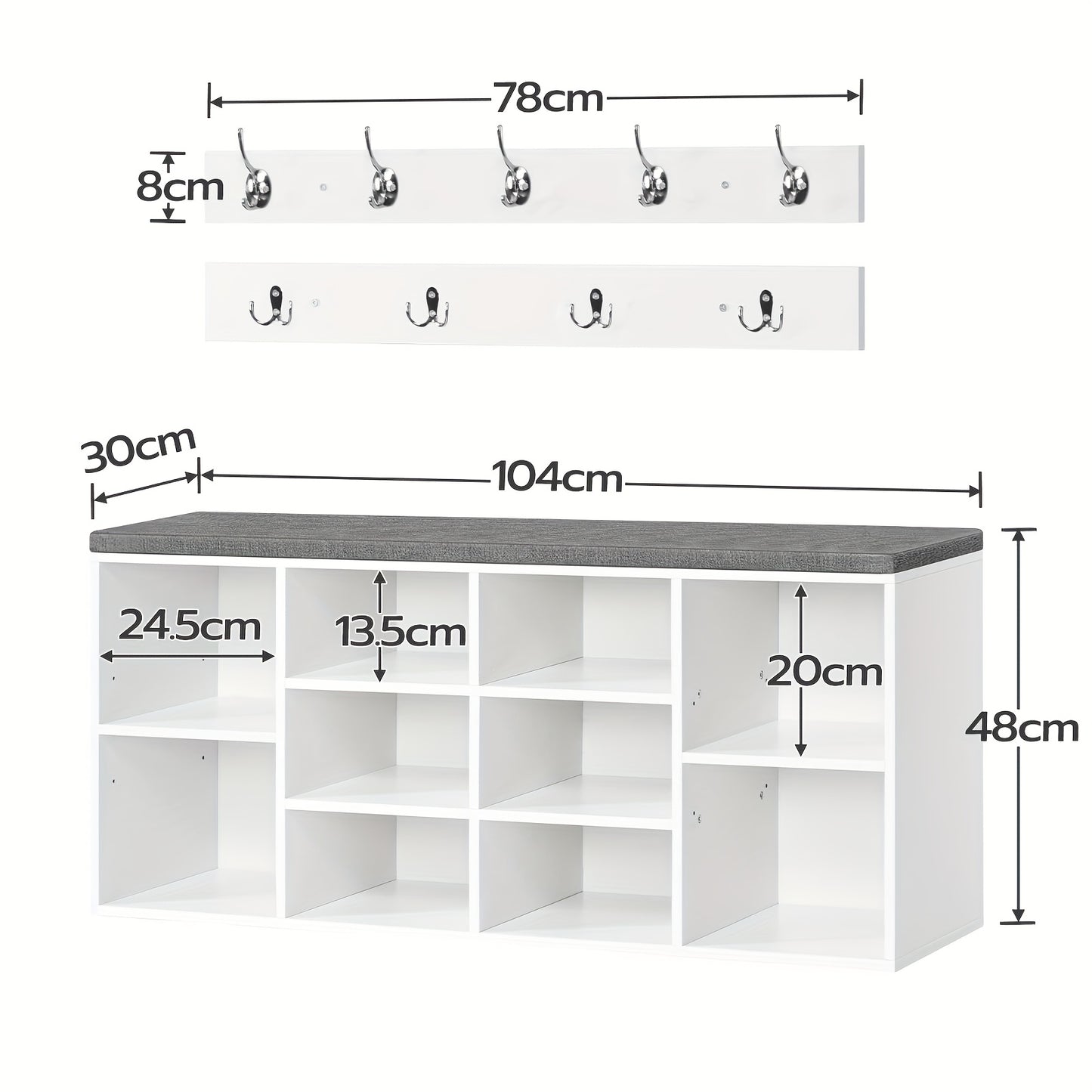 Meuble à chaussures avec banc, 10 compartiments, banquettes rembourrées, armoire murale avec 9 crochets, et meuble à chaussures idéal pour les couloirs, les entrées et les chambres à coucher, couleur blanc