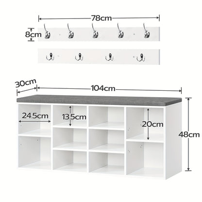 Meuble à chaussures avec banc, 10 compartiments, banquettes rembourrées, armoire murale avec 9 crochets, et meuble à chaussures idéal pour les couloirs, les entrées et les chambres à coucher, couleur blanc