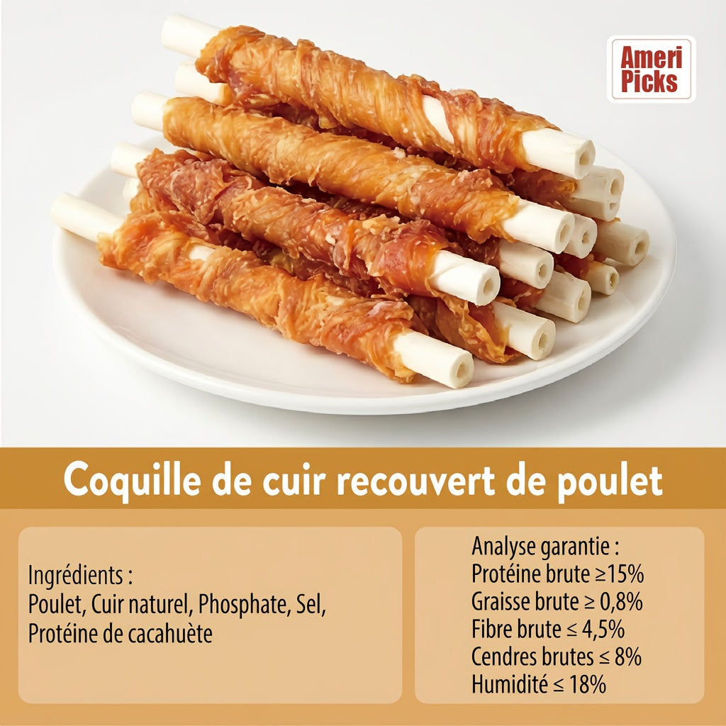 Bâtonnets de cuir cru enveloppés de poulet | Croquettes dentaires naturelles sans céréales et à haute teneur en protéines pour toutes les races de chiens, saveurs boeuf et poulet