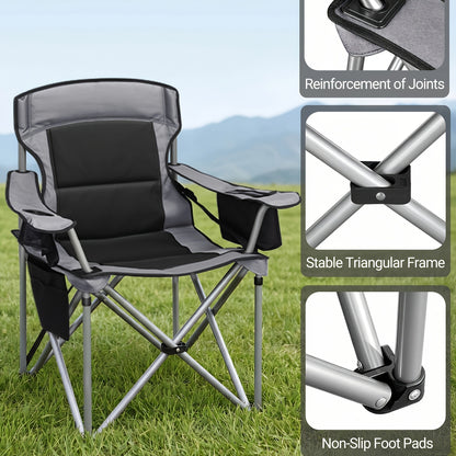 Chaise de camping, capacité 220 kg, chaise de camping pliante avec sac isotherme, porte-gobelet, sac de transport, dossier haut, confortablement rembourrée, chaise de pêche, chaise pliante pour jardin, balcon, plage, noir et vert/noir et gris/noir et oran