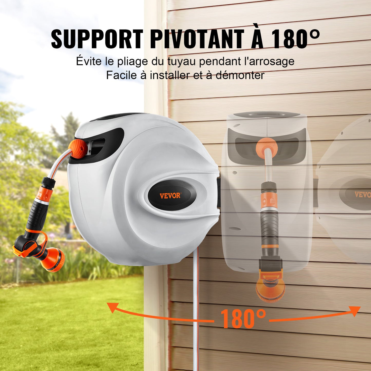 VEVOR Enrouleur Tuyau Arrosage Mural 35 m x 12 mm Support Pivotant 180° Dévidoir de Tuyaux d'Eau Buse à 9 Modèles 3 Adaptateurs Rapides Rembobinage Auto avec Verrou pour Arroser Pelouse Jardin Voiture