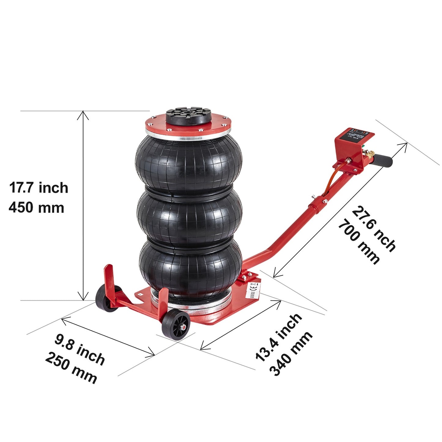 Cric à air VEVOR, cric à triple sac de 3 tonnes/6600 lbs, cric à airbag avec six tubes en acier, élévation jusqu'à 17.7 pouces/450 mm, cric pneumatique à levage rapide en 3-5 secondes, avec longues poignées pour voitures, garages, réparations, (rouge)