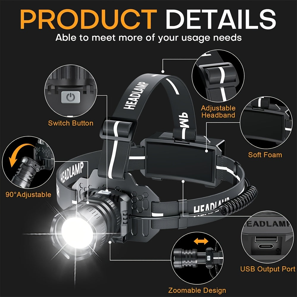 Lampe frontale à induction LED super lumineuse, rechargeable par Type-C, 5 modes d'éclairage, lampe frontale de camping avec lumière rouge, zoom réglable à 90°, pour camping, chasse, randonnée, entretien, exploration