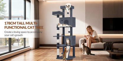 Fobyfurny Arbre à Chat Tour, Arbre à Chat 178cm pour Chats d'Intérieur, Cadre d'Escalade pour Chat Multi-Niveaux avec Griffoirs, Planche à Gratter, 2 Condos Confortables, 2 Perchoirs, Pompons, Place de Repos