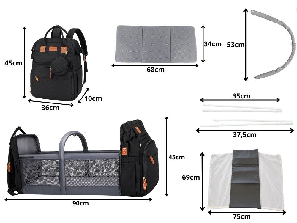 Sac à dos Maman avec lit et USB, Sac à dos multifonctionnel pour parents avec organisateur, Grand sac à dos de voyage avec fonction lit pour enfants, Sac à dos pratique pour la marche et les voyages, Lit pliable avec matelas, Sac à dos quotidien spacieux