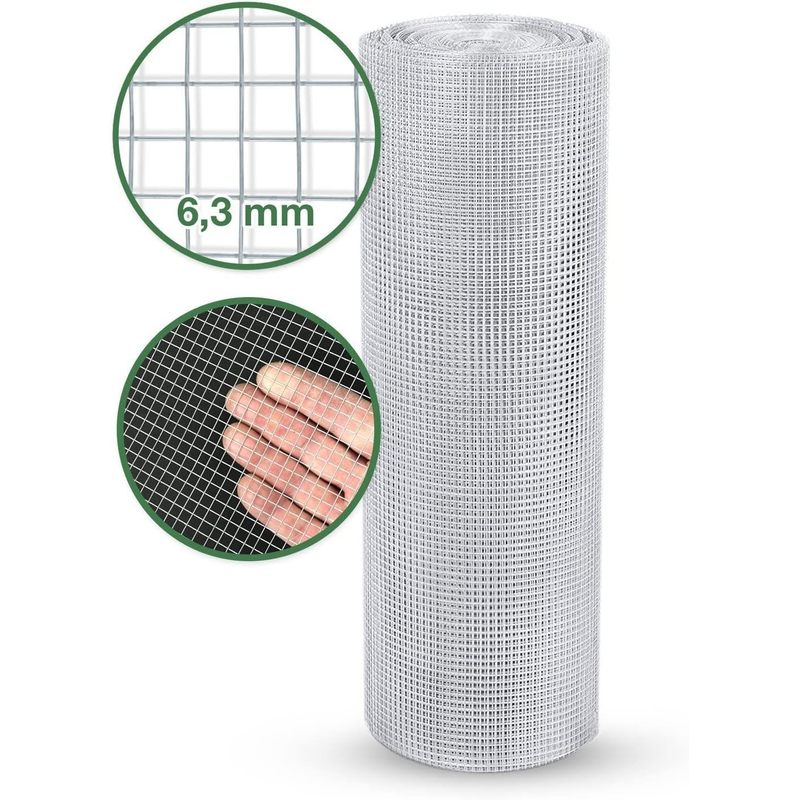 Grille en fil de fer à mailles fines – Taille de maille 6,3 mm – Galvanisée – Rouleau extra long – Grille métallique pour volières, clôtures pour lapins et barrière de jardin contre les rongeurs (jardinière surélevée)