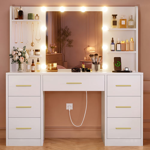 Grande coiffeuse avec miroir lumineux LED et prise électrique, table de Cosmétique avec 7 tiroirs, 4 étagères et 5 crochets, table de toilette, ensemble de coiffeuse pour chambre à coucher, salle de bain