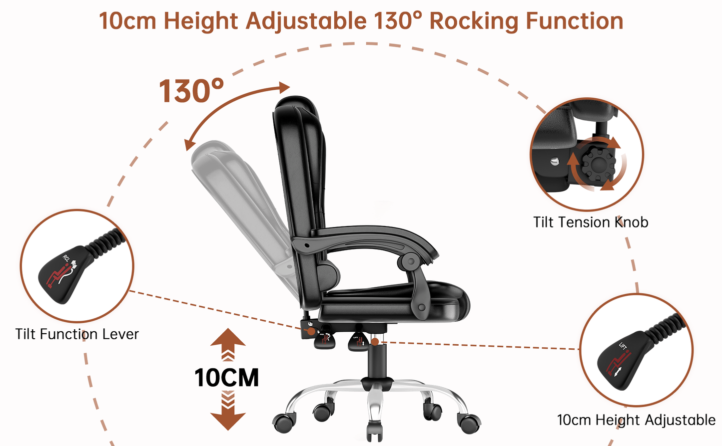 Chaise de bureau exécutive haute dossier, chaise de bureau ergonomique inclinable avec fonction d'inclinaison, chaise d'ordinateur robuste pour le travail à domicile