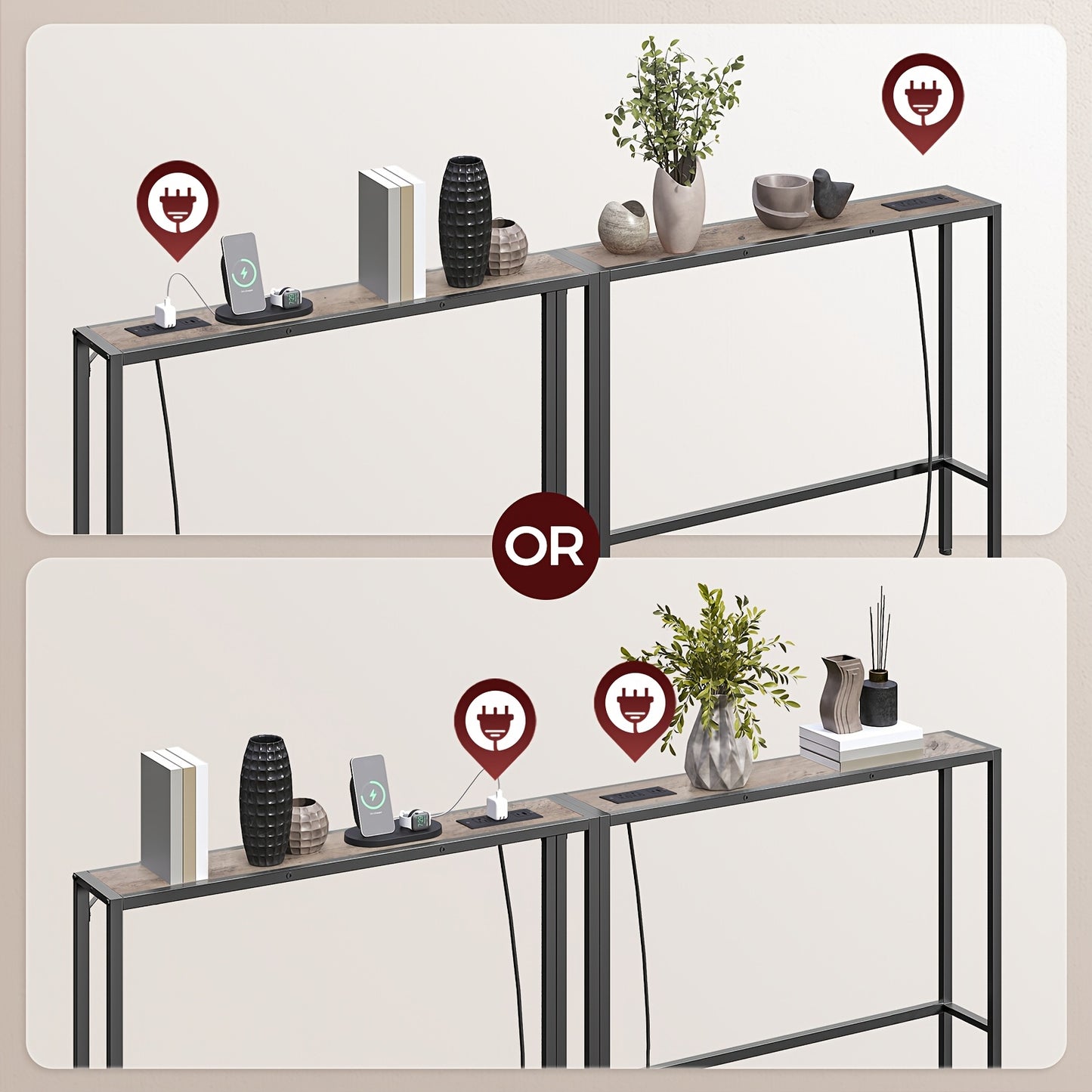 Un console avec station de charge, une table d'appoint mince pour canapé, une paire de tables d'appoint étroites avec prises, et une longue table d'entrée idéale pour le salon, le couloir ou le foyer, dans un style rétro marron et taupe.