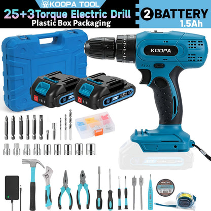 KOOPA TOOL Tournevis Électrique, Kit de Perceuse 21V, Tournevis de Perçage à 3 Niveaux de Couple 25, Équipé d'une Fonction de Perceuse à Impact et de Batterie Rechargeable, Adapté à une Boîte à Outils pour Toutes les Décorations Ménagères Quotidiennes