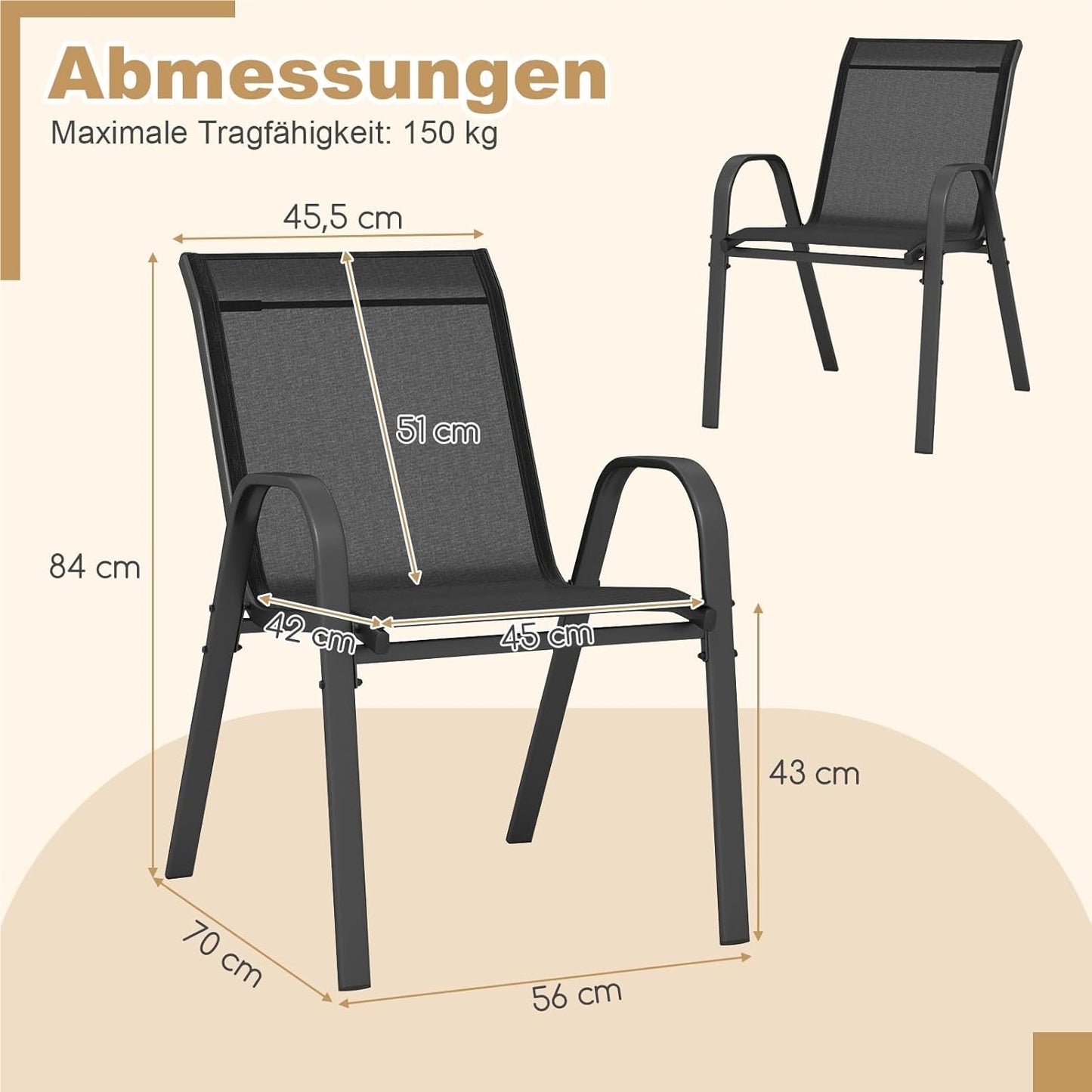 Ensemble de 4 chaises de jardin empilables, chaises de patio en textilène et cadre métallique avec accoudoirs, chaises de balcon avec capacité de charge de 150 kg, 56 x 70 x 84 cm (Noir)