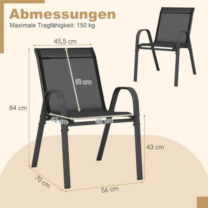 Ensemble de 4 chaises de jardin empilables, chaises de patio en textilène et cadre métallique avec accoudoirs, chaises de balcon avec capacité de charge de 150 kg, 56 x 70 x 84 cm (Noir)