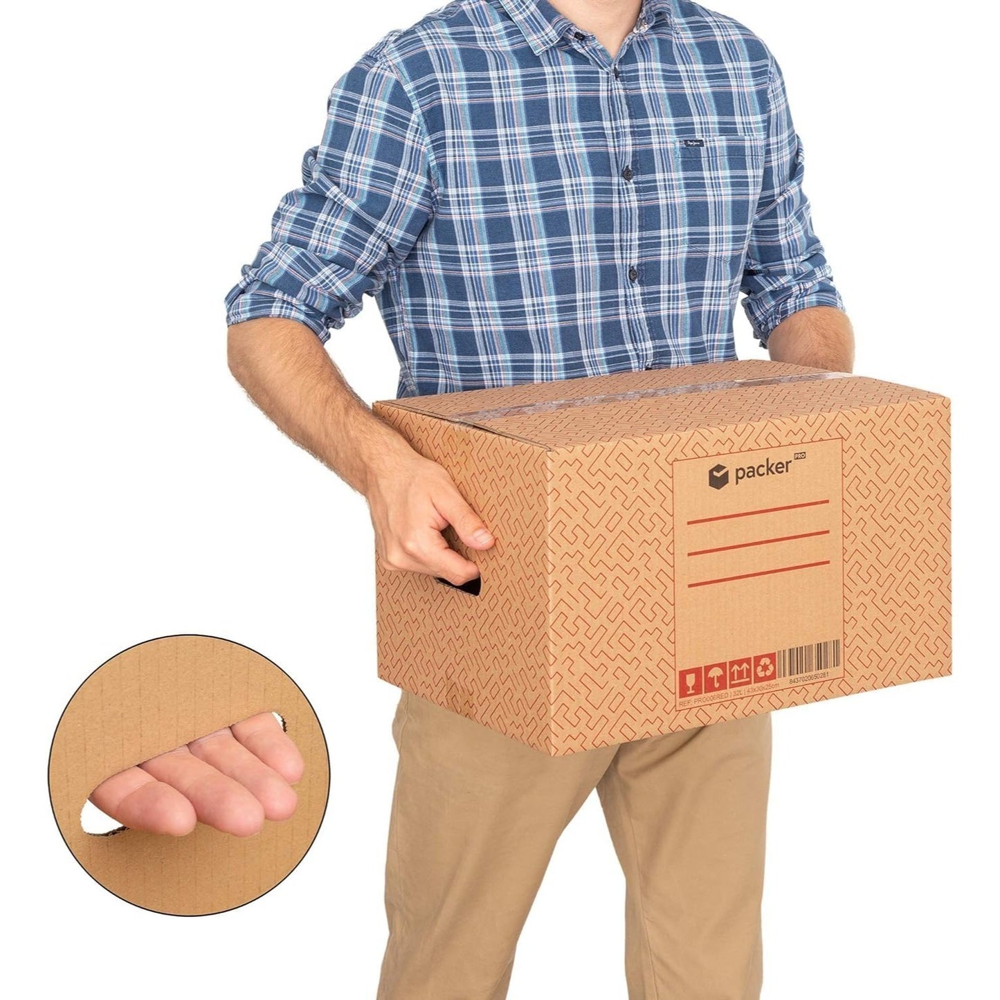 Boîte en carton ultra-résistante pour déménagement et stockage avec poignées, fabriquée en carton rigide, idéale pour le déménagement ou le stockage de livres et de vêtements, transport confortable et sûr grâce aux poignées latérales - Packer PRO