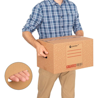 Boîte en carton ultra-résistante pour déménagement et stockage avec poignées, fabriquée en carton rigide, idéale pour le déménagement ou le stockage de livres et de vêtements, transport confortable et sûr grâce aux poignées latérales - Packer PRO