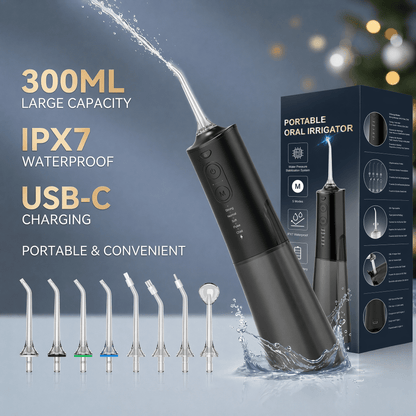 Irrigateur Buccal Portable Rechargeable, Hydropulseur Dentaire, Irrigateur Dentaire Professionnel sans Fil 8 Buses 5 Modes, IPX7 Étanche 300ML pour le Nettoyage des Dents, Maison & Voyage