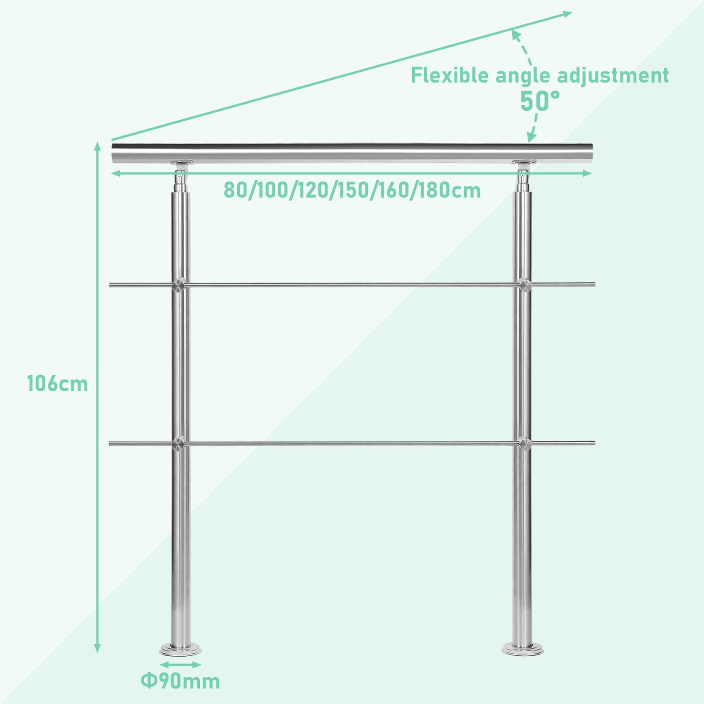 Balustrades en acier inoxydable pour escaliers, balcon, terrasse, jardin, balustrade, balustres horizontaux, rampe d'escalier, support de rampe avec 0-5 barres transver, fixation murale, rampe d'escalier avec 2 poteaux, kit de construction universel de ra