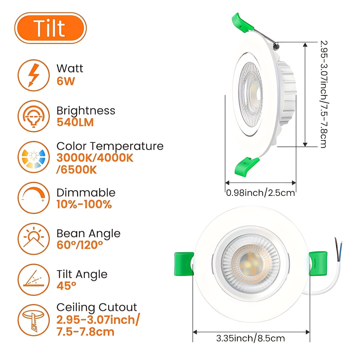 Lot de 6 spots encastrables LED ALUSSO 230V 6W inclinaison fixe ultra mince 25mm 3CCT blanc chaud 3000K blanc naturel 4000K blanc froid 6500K dimmables pour librairie couloir cuisine salle de bain salon
