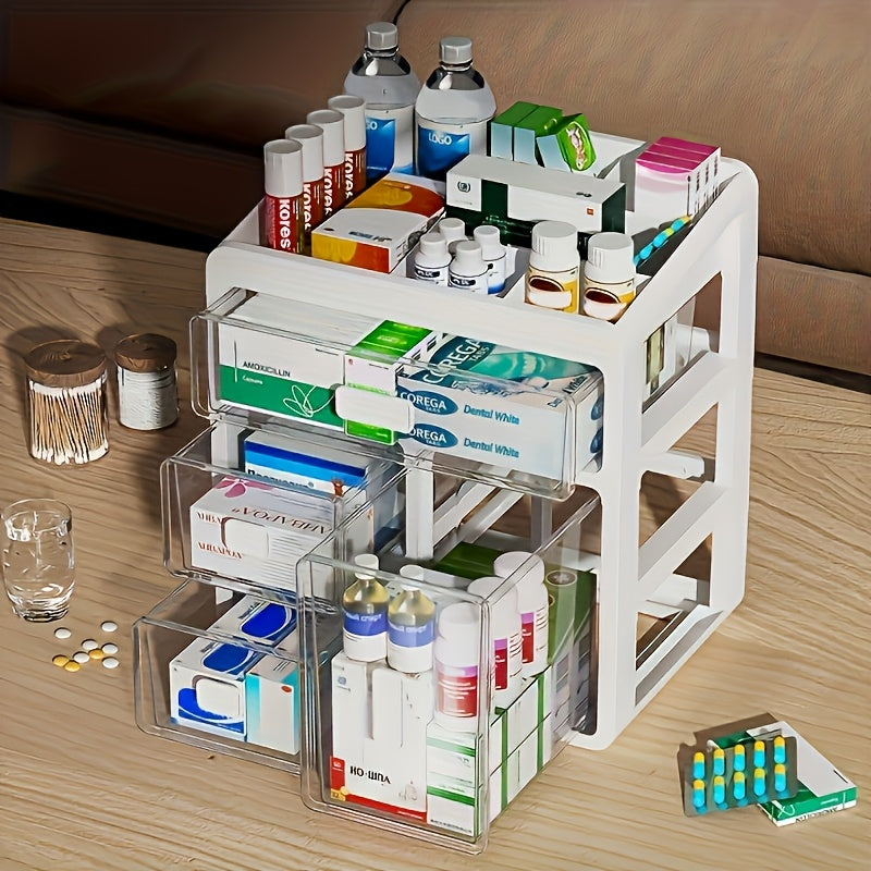 Boîte à médicaments familiale empilable à 3/4 niveaux - Grand organisateur de médicaments de haute qualité avec fenêtre observable, plastique épaissi, couvercle à rabat sécurisé pour la maison, le dortoir, le bureau et les voyages, boîte de rangement pour