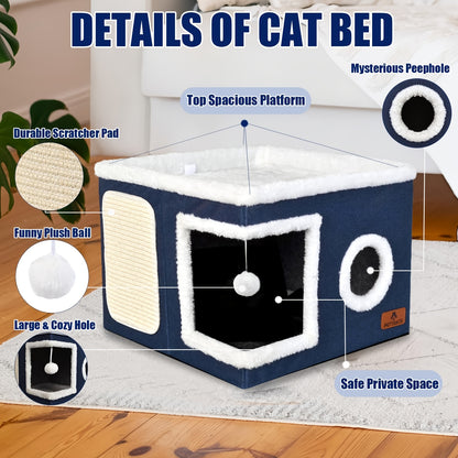 Maison pour chat avec lits à 2 niveaux, tunnel de jeu, canapé pliable, griffoir et balle suspendue en peluche - Cadre en nylon durable, toile douce, conception fermée toutes saisons, cube de lit pour chat d'intérieur facile à assembler, unité de divertiss
