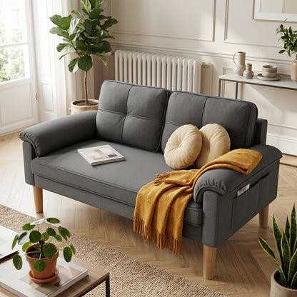 Petit canapé 2 places avec accoudoir et poche latérale, canapé 2 places avec dossier épais et éponge épaissie, pour le salon/chambre/chambre d'amis/home cinéma/bureau, 144 x 77 x 77 cm (gris foncé/gris clair)
