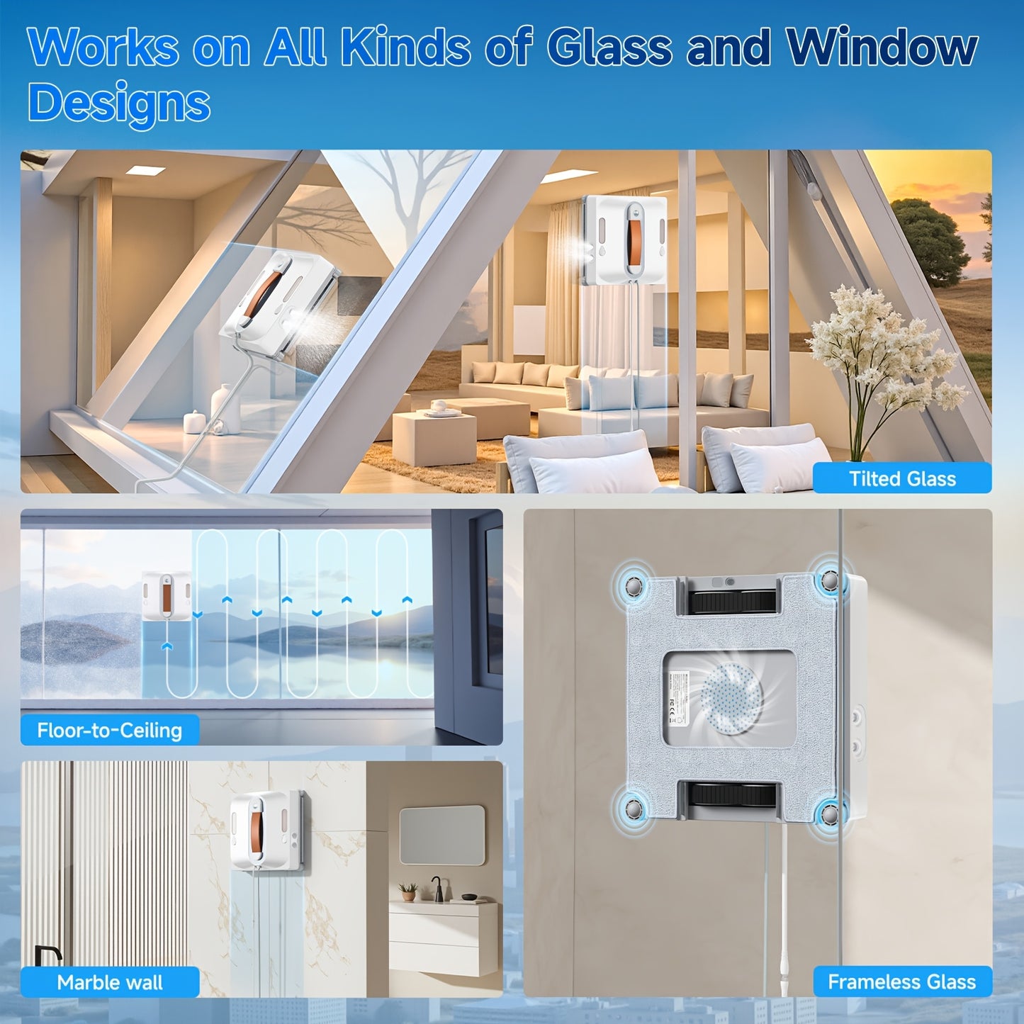 Lubluelu Robot de nettoyage de fenêtre intelligent électronique à fenêtre carrée, grande aspiration de 7,5 Kpa, système de protection de sécurité à 8 couches, nettoyage des bords, chiffon lavable et utilisable, double embout double face, visualisation du