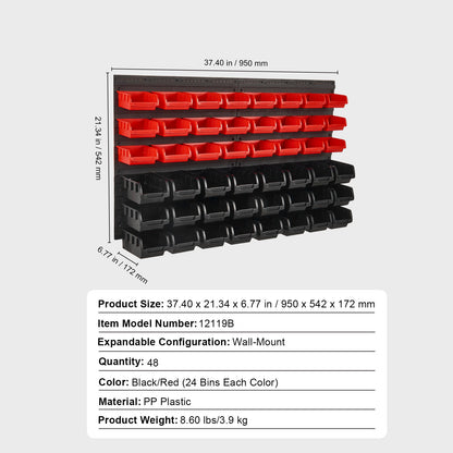 VEVOR Rangement mural pour pièces détachées, organiseur de garage à 48 compartiments en plastique avec panneaux muraux, rangement pour écrous, boulons, vis, clous, perles, boutons, autres petites pièces, noir et rouge