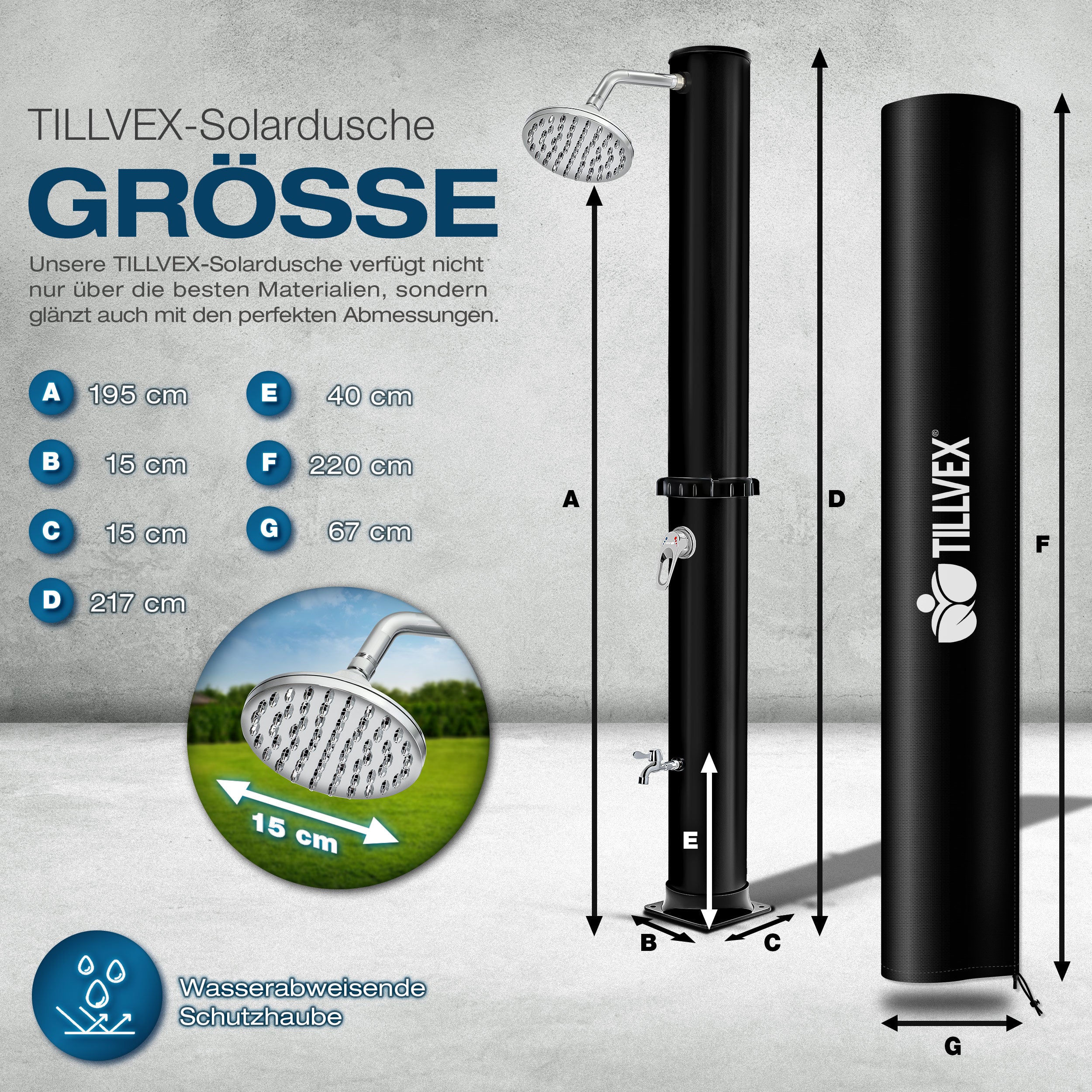 Tillvex® Douche Solaire 20 - 60 Litres Incluant Couvercle Douche Solaire de Jardin pour Piscine Extérieure Ensemble Complet Eau Chaude Camping Sans Connexion Électrique avec Robinet d'Eau Raccord de Tuyau d'Arrosage de Jardin