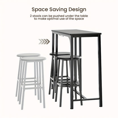 Ensemble de table et de chaises de bar 3 pièces, ensemble de table de bar moderne en fonte noire avec 2 tabourets, ensemble de table industrielle et de tabouret de bar, plateau en bois, table de pub rectangulaire avec étagères et porte-verres, pour cuisin