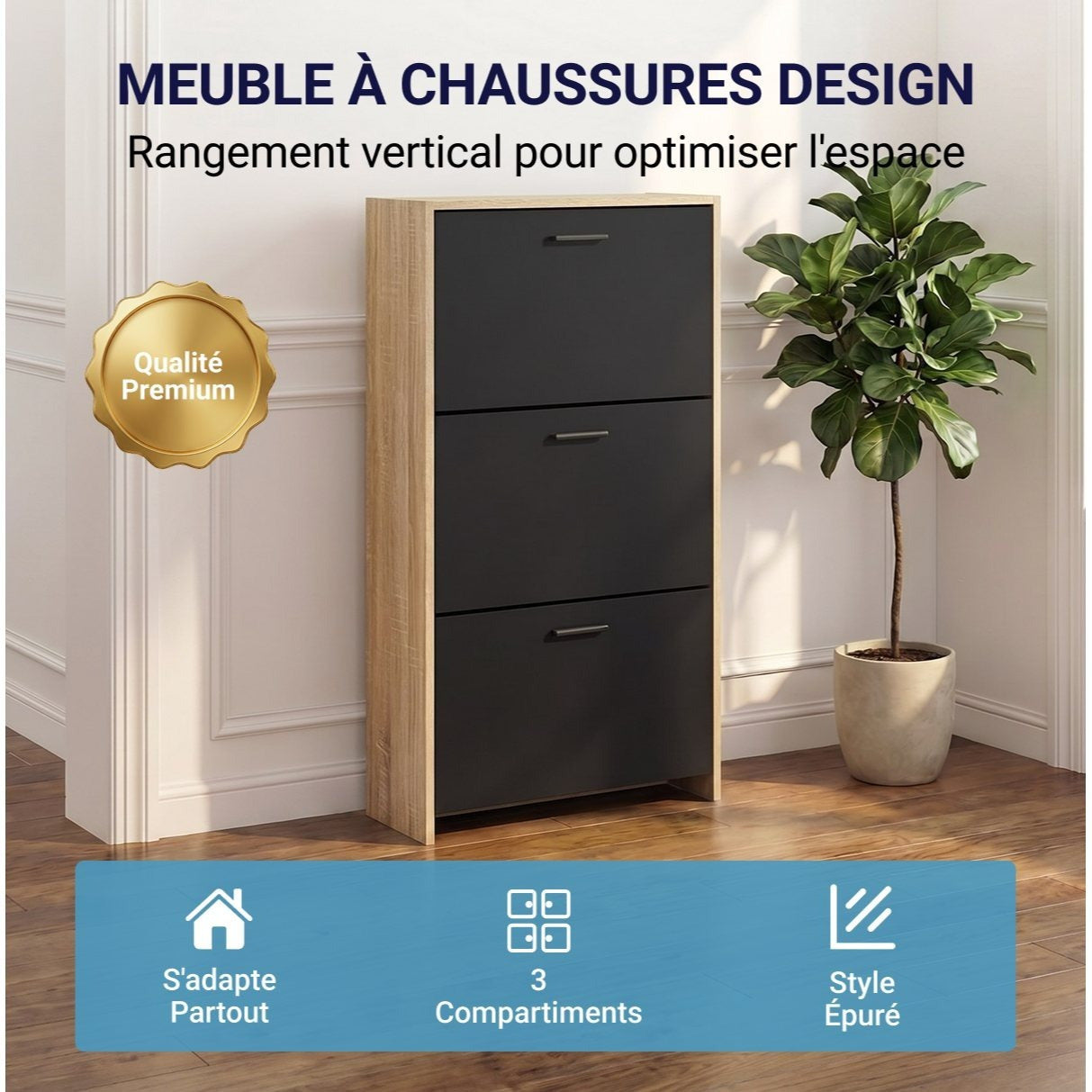 Meuble à chaussures avec 3 compartiments à abattant, armoire de rangement en bois pour jusqu'à 18 paires, organisateur d'entrée peu encombrant
