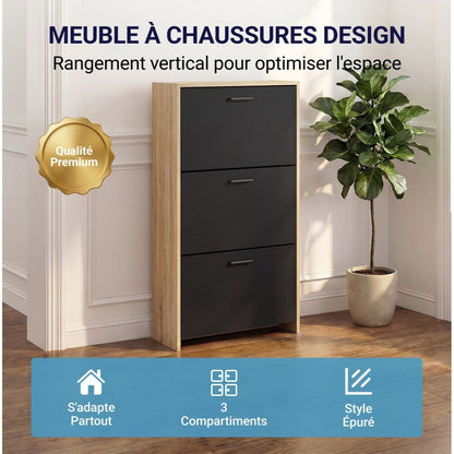 Meuble à chaussures avec 3 compartiments à abattant, armoire de rangement en bois pour jusqu'à 18 paires, organisateur d'entrée peu encombrant