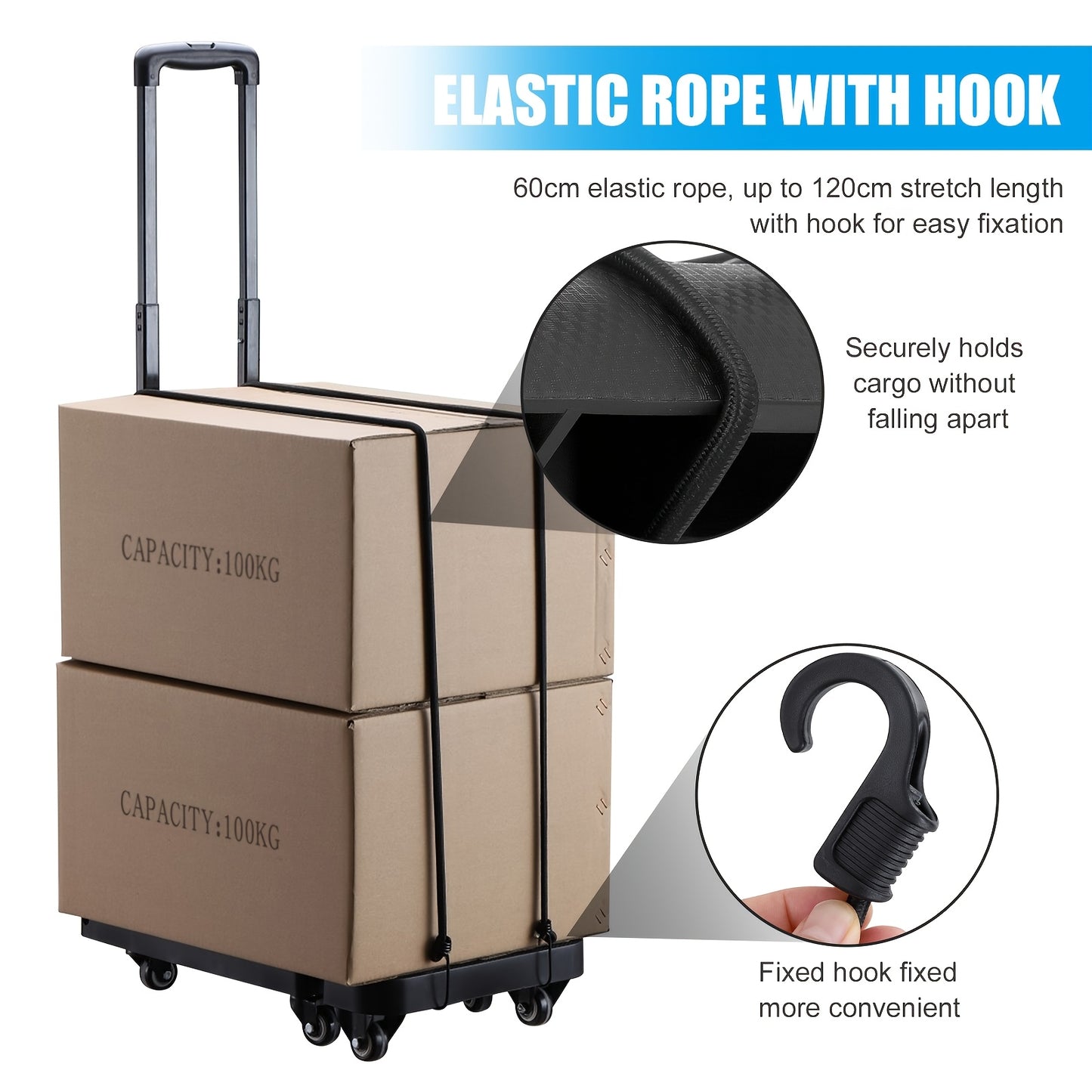Chariot pliable avec 2 cordes élastiques, 6 roues, capacité 200 kg, pour bagages, voyages, courses, déménagement et bureau