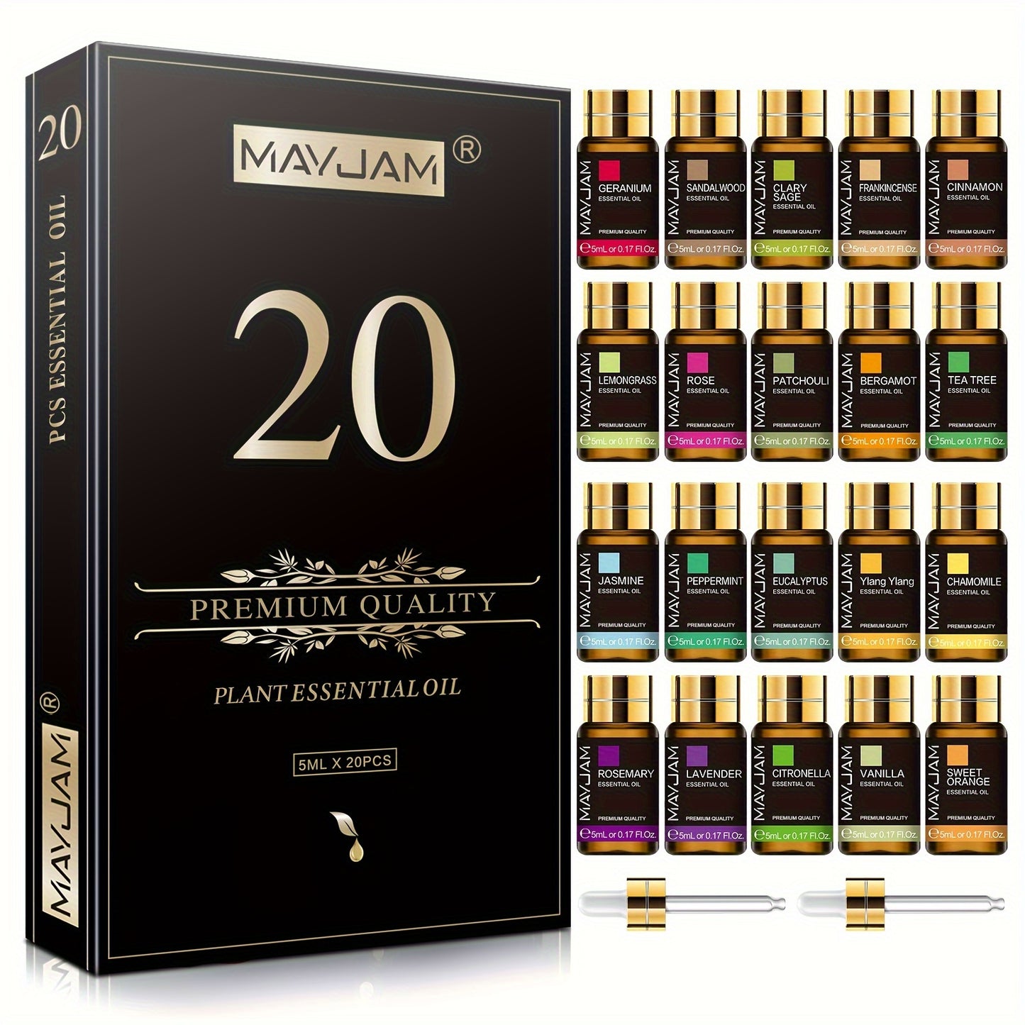 MAYJAM Kit Cadeau de 20 Huiles Essentielles 5ml pour Diffuseurs, Humidificateur et Fabrication DIY Bougies – Soutien Mood & Idéal comme cadeaux d'occasion : Saint-Valentin, Anniversaire, Mariage, Halloween, Pâques, Thanksgiving, Noël