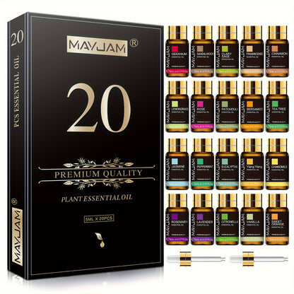 MAYJAM Kit Cadeau de 20 Huiles Essentielles 5ml pour Diffuseurs, Humidificateur et Fabrication DIY Bougies – Soutien Mood & Idéal comme cadeaux d'occasion : Saint-Valentin, Anniversaire, Mariage, Halloween, Pâques, Thanksgiving, Noël