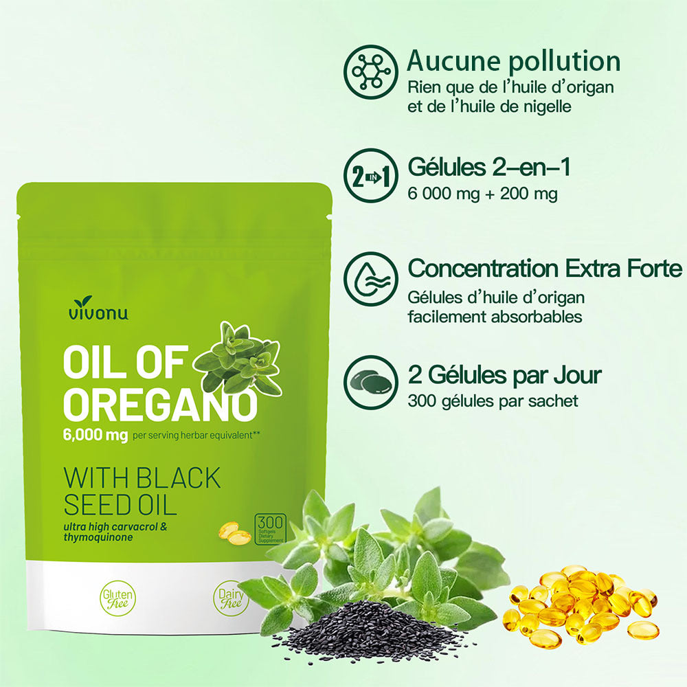 VIVONU Huile d'origan plus huile de graine noire, huile d'origan équilibrée en capsules, gélules d'huile d'origan, carbophénol, thyquinone
