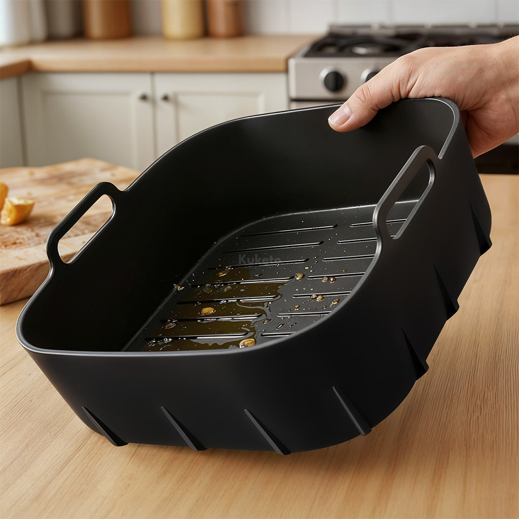 Kuketo - Accessoire pour Friteuse à Air, Conteneur de Cuisson Réutilisable, Panier en Silicone Résistant aux Hautes Températures, Bol de Friture Sans Graisse, Idéal pour Frites, Poulet, Légumes, Gâteaux et Casseroles, Alternative aux Papier Cuisson, Netto
