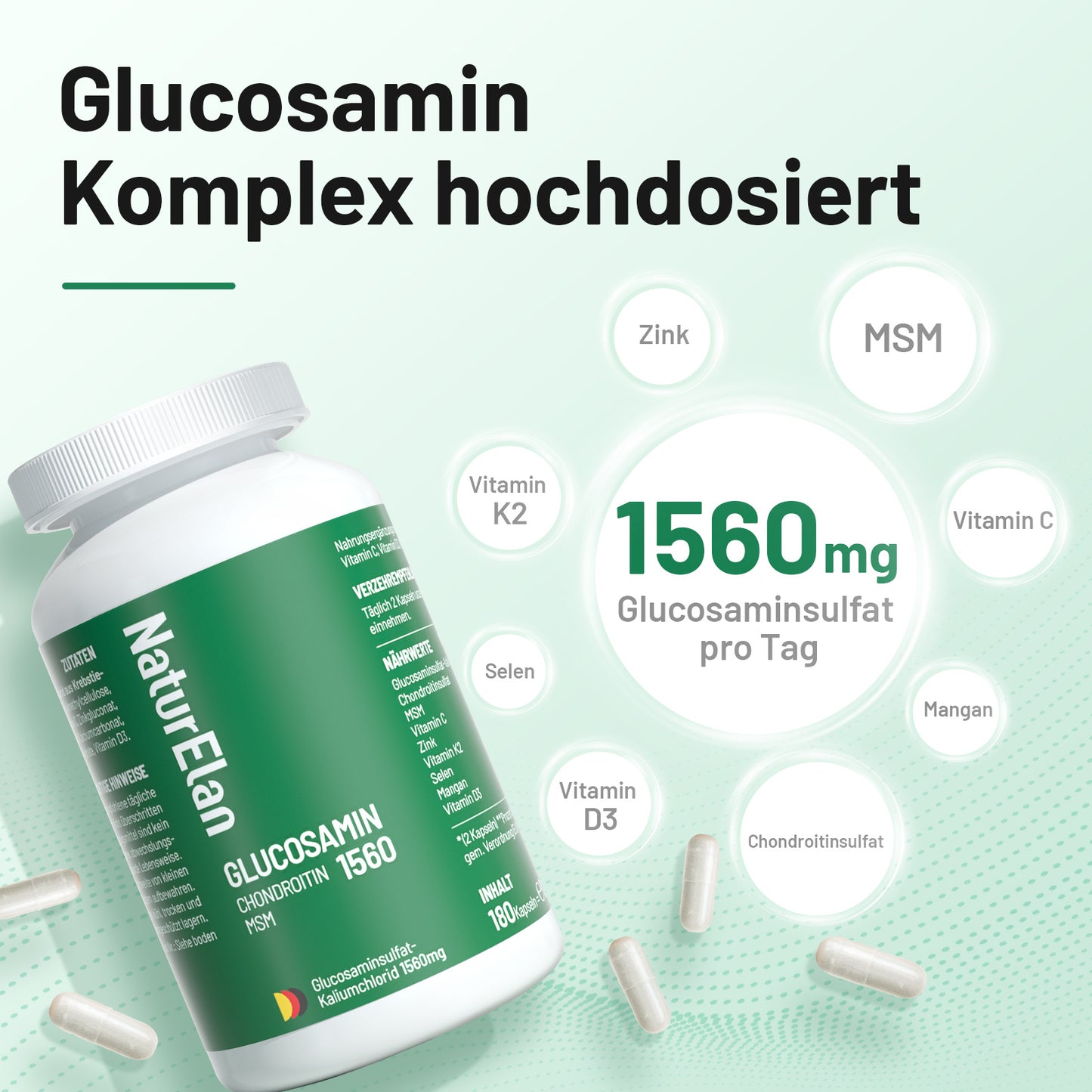Glucosamine 1560 Chondroitine haute dose - 180 capsules avec MSM et vitamine C, sans additifs, fabriqué en Allemagne