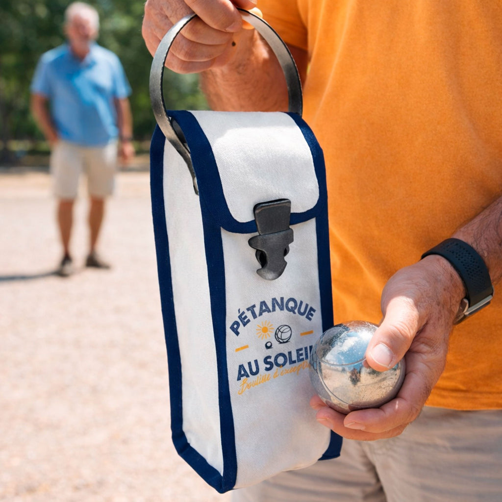 Étui de Pétanque Au Soleil – Sacoche 3 Boules Blanc et Bleu en Simili Cuir