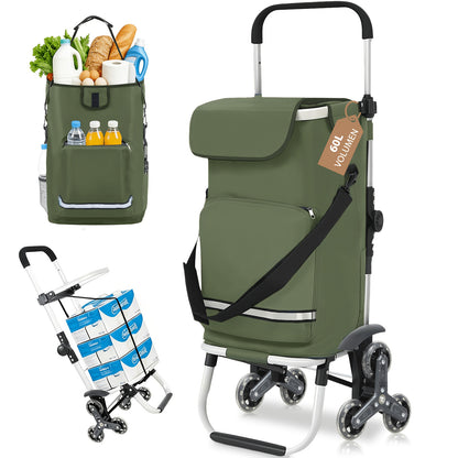 Chariot de courses 3 roues pour escaliers avec poignée réglable en hauteur, compartiment isotherme et porte-gobelet, 3 en 1 pour camping et provisions