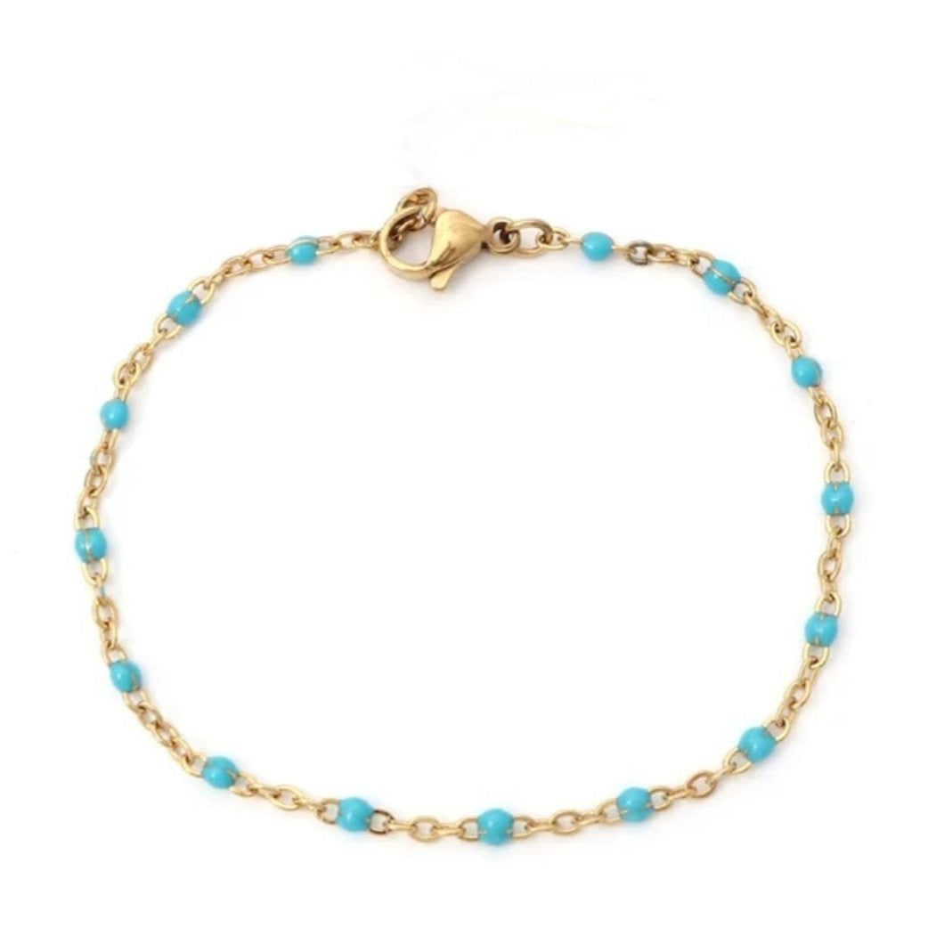 Bracelet perles d'email chaine acier inoxydable couleur or artisanal fait main