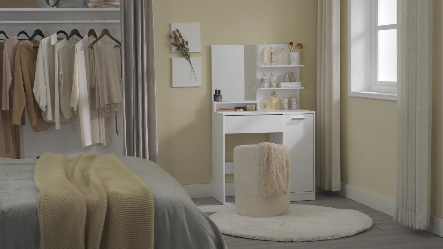 Coiffeuse avec Miroir, 1 tiroir, 2 étagères, SANS TABOURET, 80 x 40 x 132 cm, Placard de Rangement, Organisateur de Maquillage, Blanc