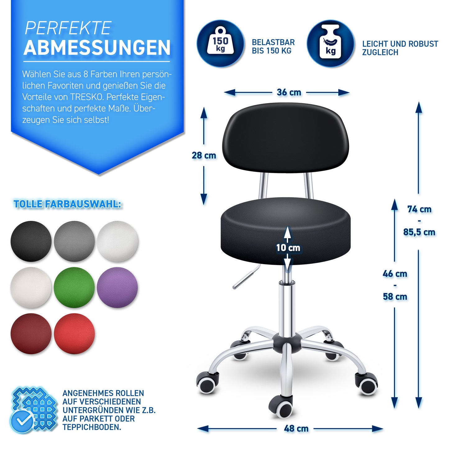 Tabouret Escalier TRESKO® avec Dossier 150 Kg | Tabouret de Travail Réglable en Hauteur 47-60 Cm | Tabouret Pivotant avec Roulettes | Tabouret Chaise de Bureau Chaise Pivotante