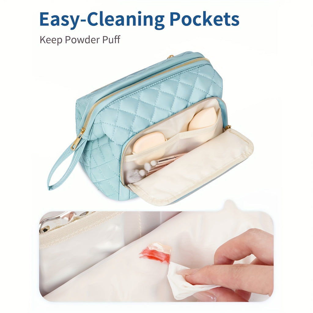 Sac à Maquillage Élégant Matelassé pour Femmes - Grand Organisateur de Cosmétiques à Ouverture Large avec Deux Compartiments (Poche Avant + Poche Arrière Zippée), Trousse de Toilette Spacieuse avec Poignée Solide - Polyester Facile à Nettoyer pour Pinceau